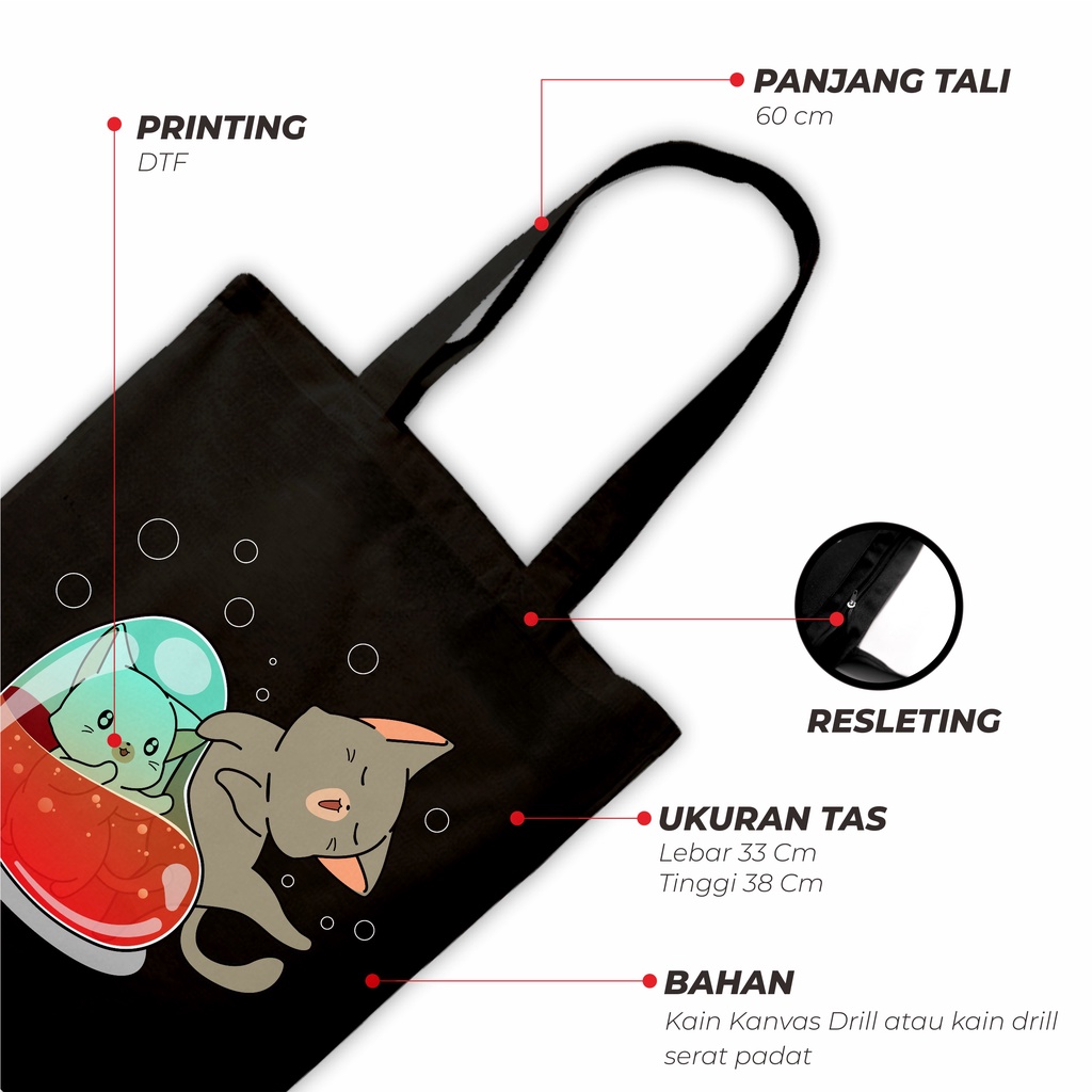 Sevine Tas Wanita Tote Bag Resleting Totebag Cute Cat Hitam Black Series - CSL4