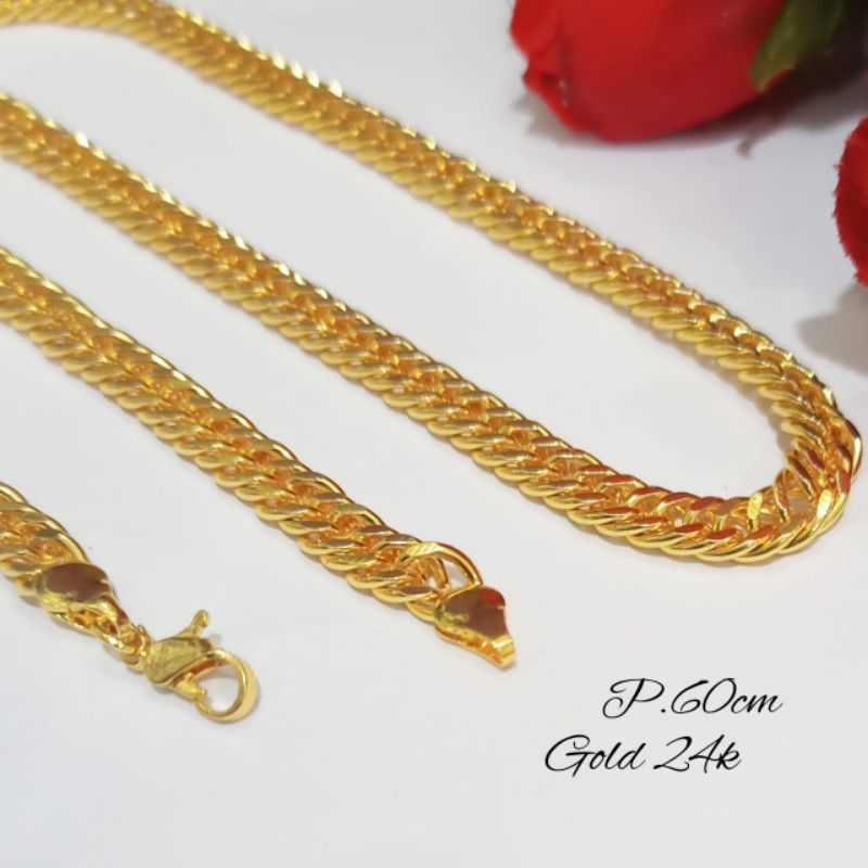 Kalung Rantai TITANIUM pria&amp;wanita Gold 24k p.60cm Perhiasan Anti karat logam emas Korea