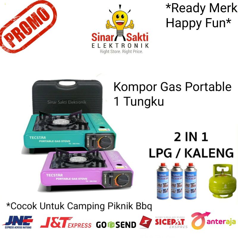 Kompor Gas Portable 2 in 1 Gas Kaleng kamping Piknik 1 Tungku BBQ Happy Fun Malang