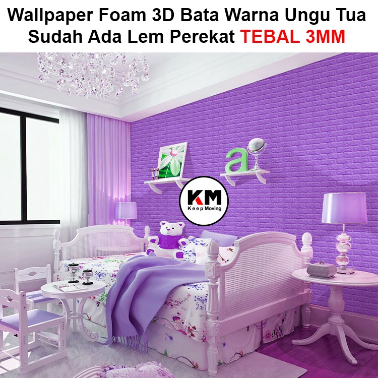 KM Wallpaper Foam 3D Bata Warna Ungu Tua Premium Wall Paper Sticker Wallpaper Foam Bata Stiker