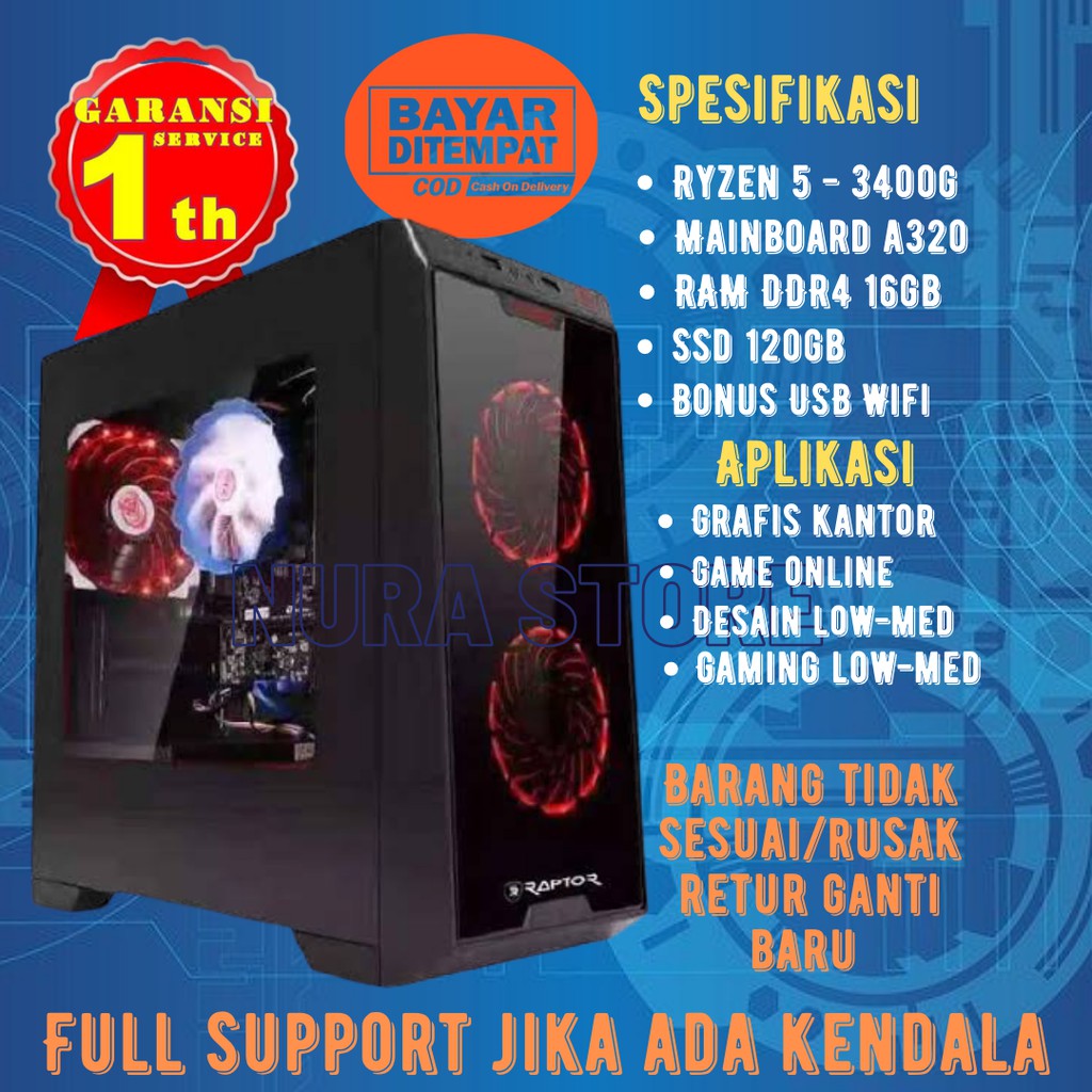 pc gaming editing rakitan murah amd ryzen 5 3400g ram ddr4 16gb ssd 120gb garansi 1 tahun