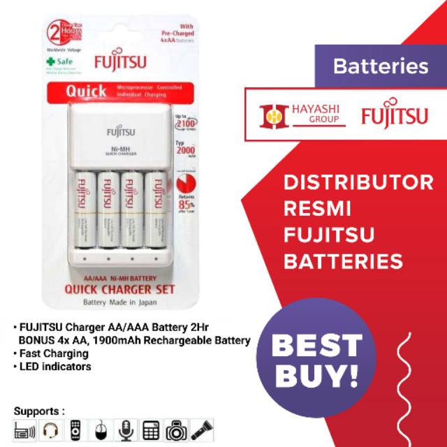 Charger Baterai AA AAA 2HR BONUS 4x AA 1900mAh Rechargeable FUJITSU Original Japan