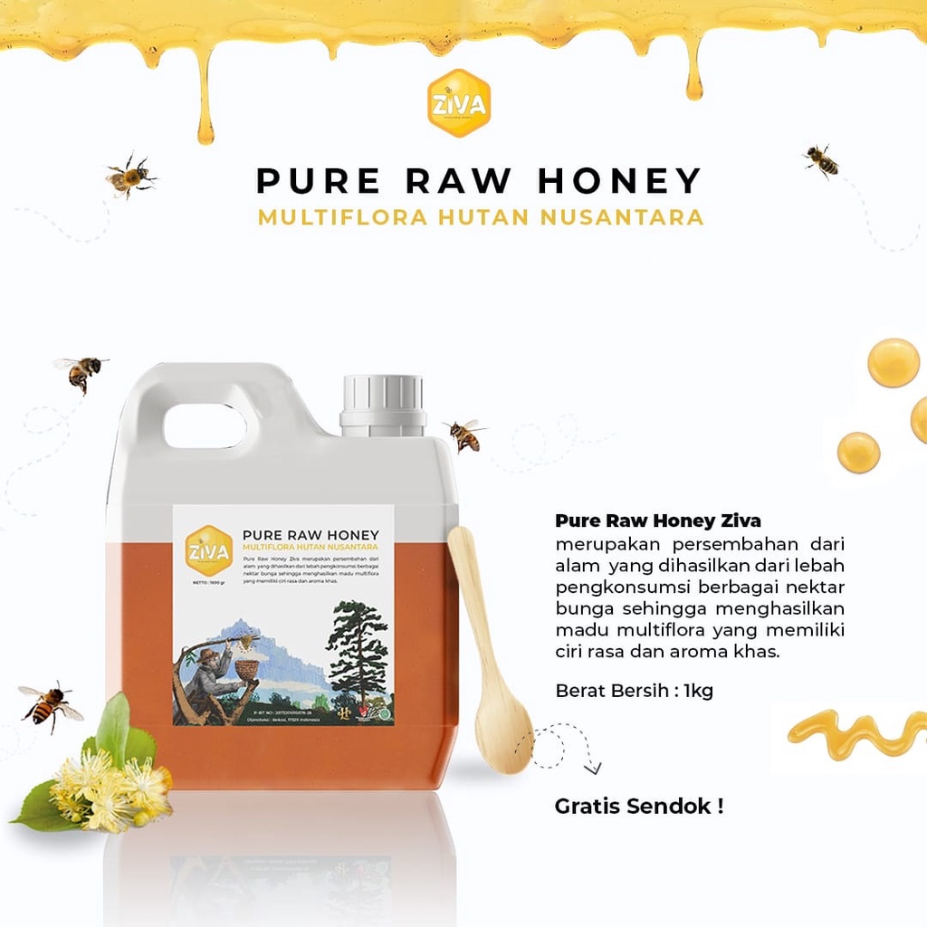 Madu Ziva Pure Raw Honey Madu Murni 100% Asli GRATIS EMAS Nektar Bunga Multiflora Terbaik Madu Alami Pure Raw Honey Natural Super Premium Madu Original Nectar Berbagai Bunga Hutan Nusantara 1000gr