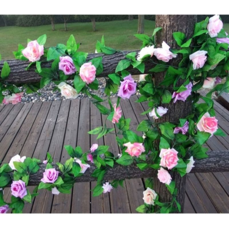 Mawar Hias rambat Putih Merah Ungu Pink Fanta Hijau Biru palsu plastik artificial dekorasi rumah