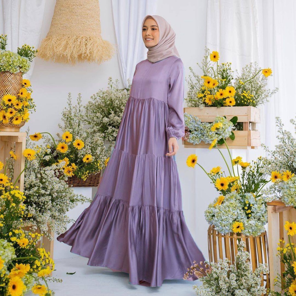 Mega Iskanti Dress Wanita Armani Silk Gamis Terbaru Lengan Panjang Karet Rufel Fashion Muslim Kekinian LD 105 cm