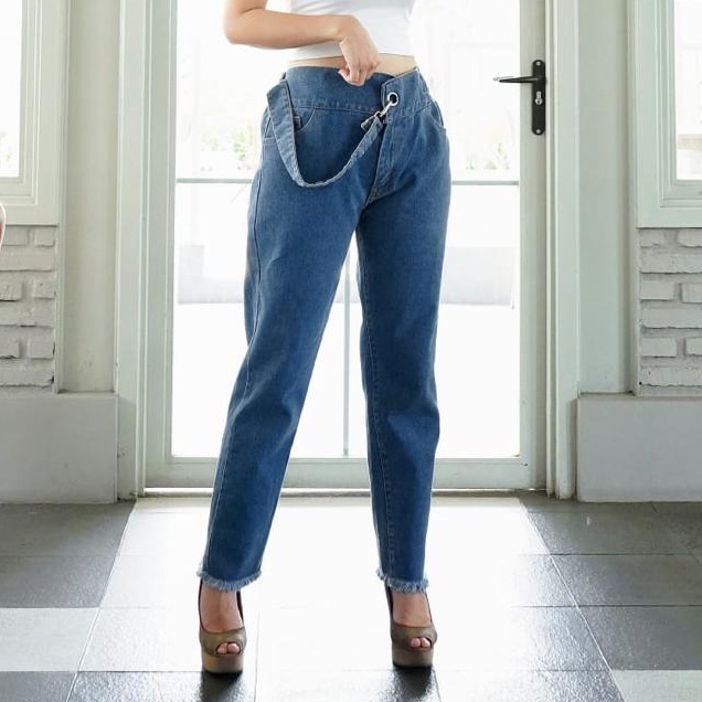 HOPYLOVY Celana Panjang Jeans Boyfriend Wanita Highwaist Jeans Rawis Barika Side Belt