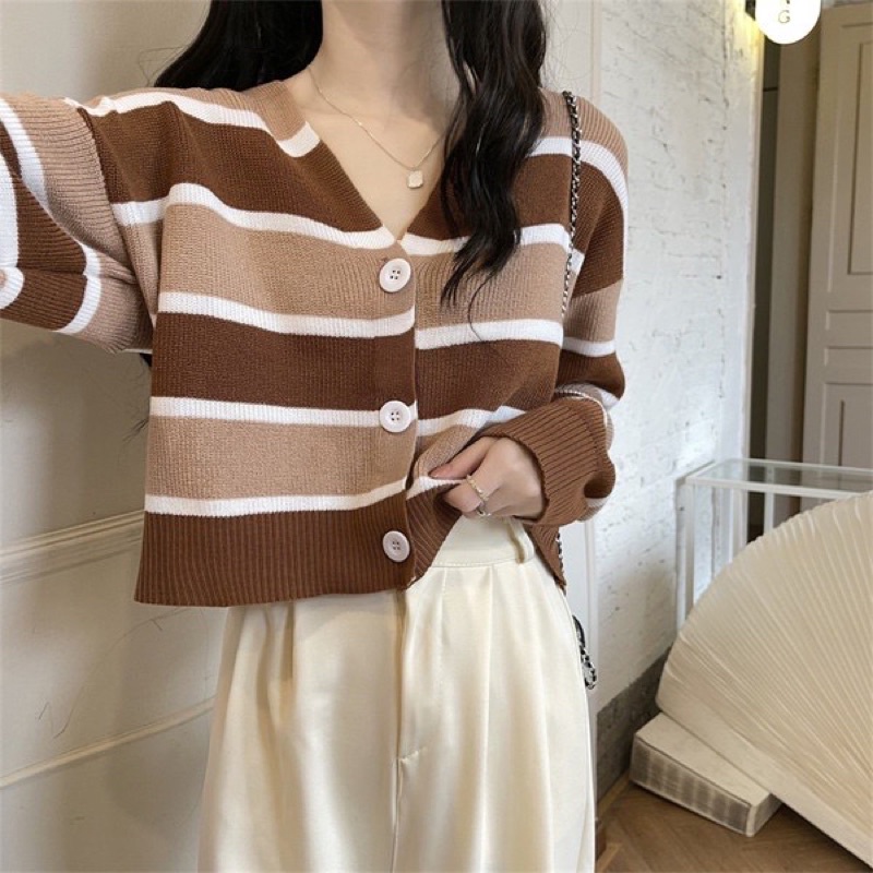 Naya Strip Baju cardigan Rajut kancing knit