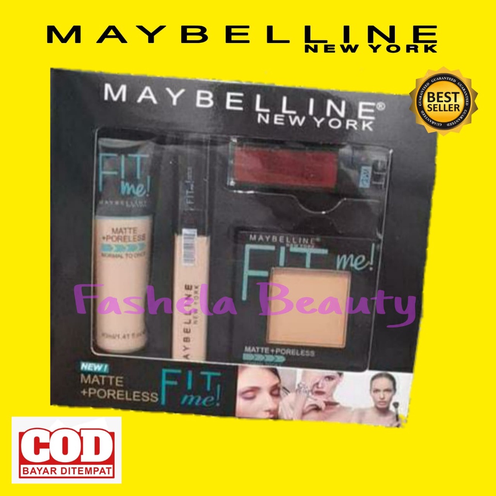 Maybelline Fit Me New Matte Poreless 4 in 1 Bedak Fondation Concealer Lipcream Paket Make Up Maybell