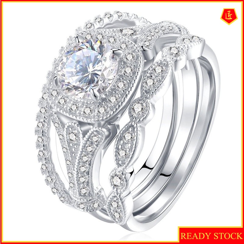 [Ready Stock]Topaz Full Diamond Three Ring Set Luxury Fashion Elegant