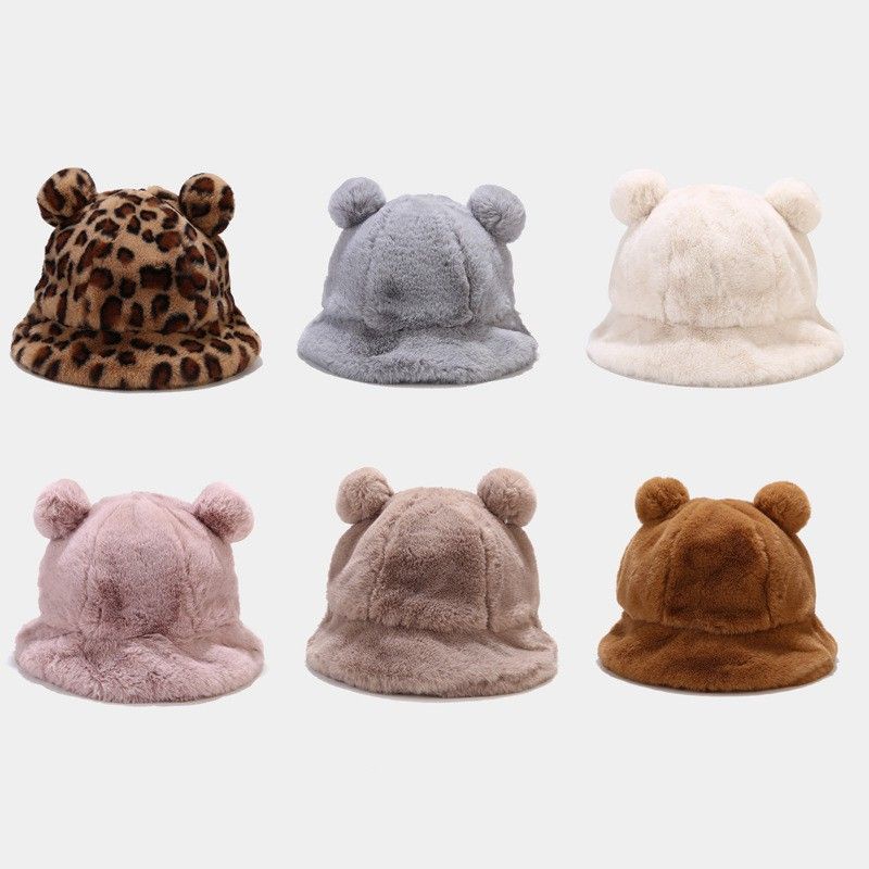 Topi Bucket Wanita Dewasa Ada Pom pom Bahan Bulu Lembut Hangat || Topi Bucket Bulu Telinga Beruang K