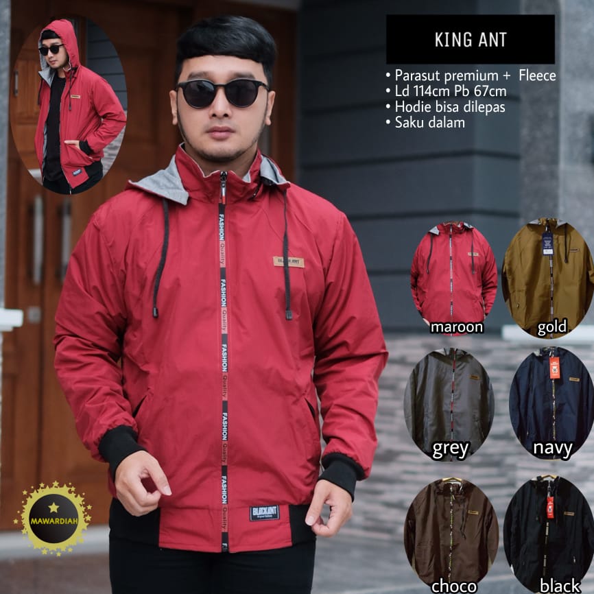King Ant Jaket Pria Polos Resleting Depan LD 114 cm Saku Dalam Hoodie Parasut Pria Jaket Parasut Fle