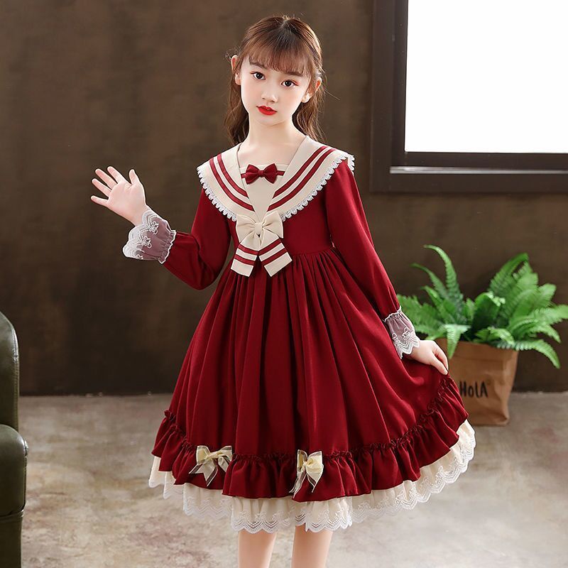 Girls dress autumn 2021 new children's princess skirt Lolita foreign style bow long sleeve girls ski