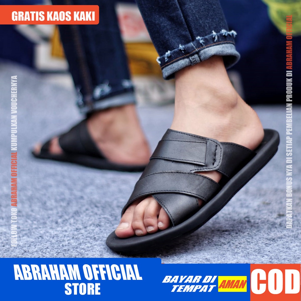 ABRHM X EXO Sandal Slide Pria Kulit Asli Sandal Slop Pria Keren Sandal Selop Cowok Cowo Kekinian Ori