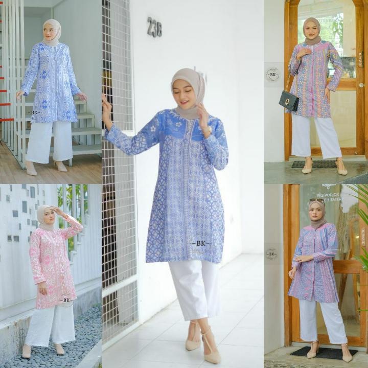 Batik Tunik Warna Soft / Tunik Batik Wanita Full Kancing Depan