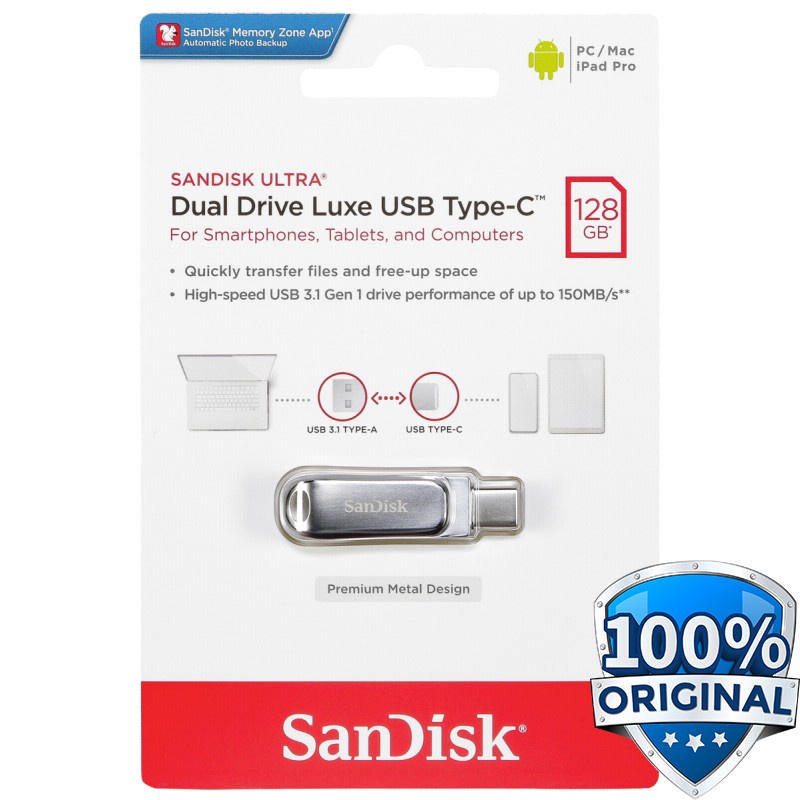 SanDisk Ultra Dual Drive Luxe USB Type C 3.1 Flashdisk 128GB - SDDDC4 - Silver