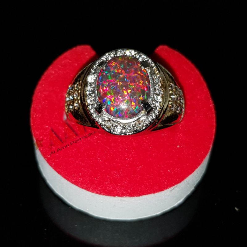 Cincin batu black opal kalimaya Batu black opal kalimaya Cincin pria Batu kalimaya hitam