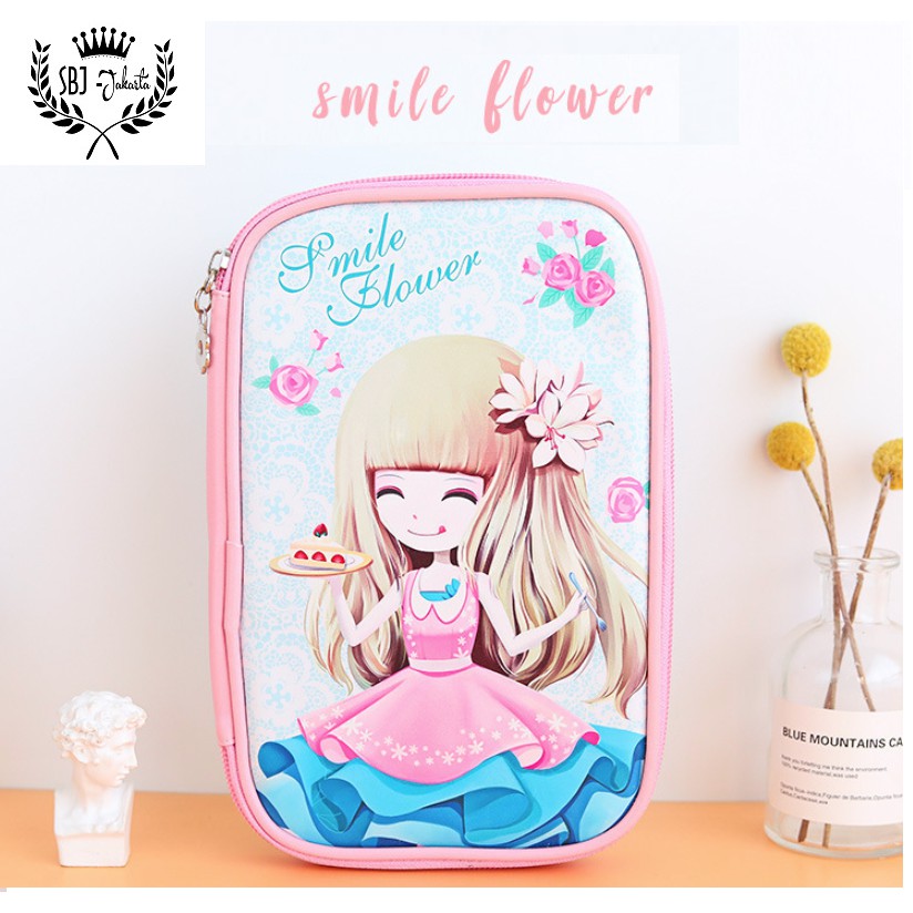 TEMPAT PENSIL KOTAK PENSIL SOFTCASE  motif SMILE FLOWER