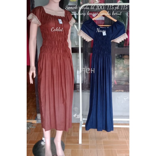 daster smok//baju tidur//lengan renda//kerut dada//dress wanita//