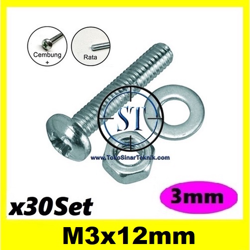 x30 Set Baut Mur Ring M3 x 12mm JP3 M3 3mm Ukuran M3x12 3x12mm 3x12 3x12mm Kepala Cembung