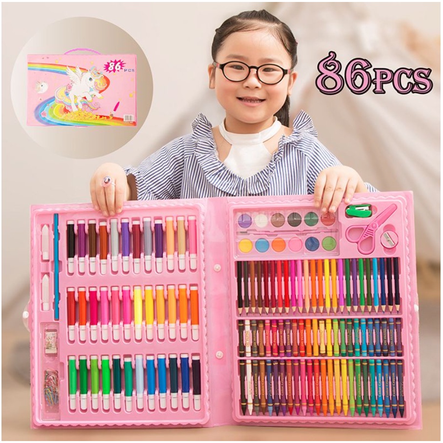 Stationary Set isi 86 Pensil Crayon Warna Cat Air / Perlengkapan Sekolah Menggambar Anak / Alat Warna