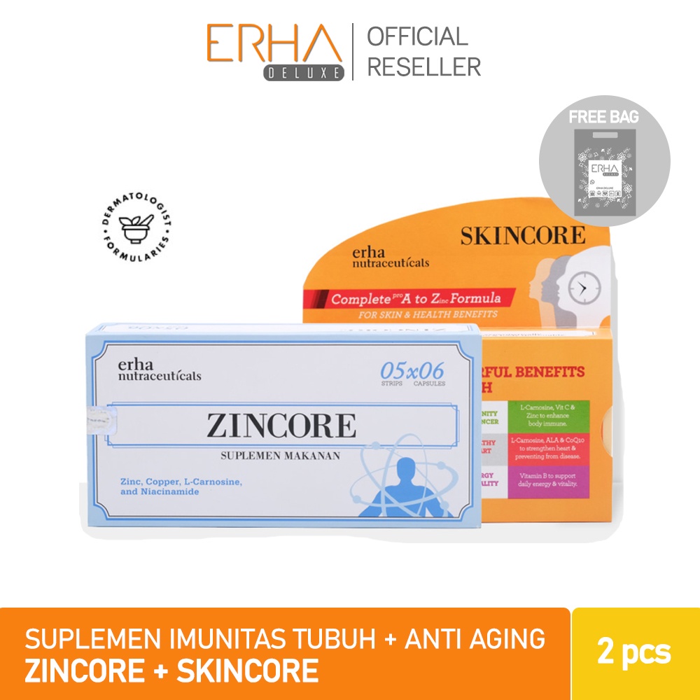 ERHA Suplemen Tubuh &amp; Kulit Jerawat ERHA Skincore 30 Caps + Zincore 30 Caps - Vitamin Anti Aging