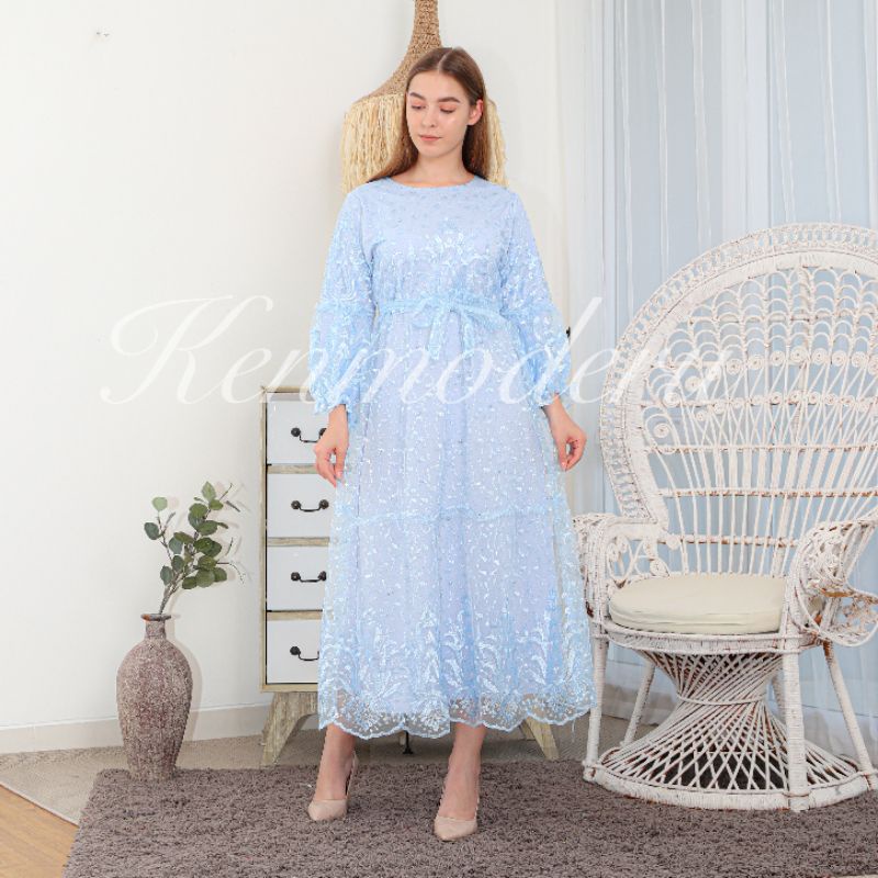 Produk Baru Ken-255 Busana Gamis Longdress Kondangan Mewah Longress Pesta Wanita Long Dress hijab  Muslim Full Brukat Tulle Premium Import  Include Tali Pinggang