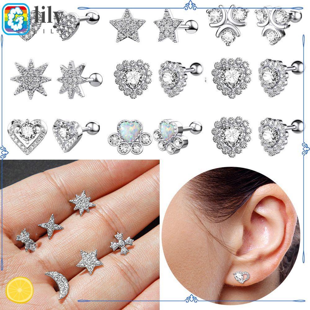 Anting Stud Tindik Tulang Rawan Telinga Bahan Baja Hias Kristal Zirkon 12 Gaya