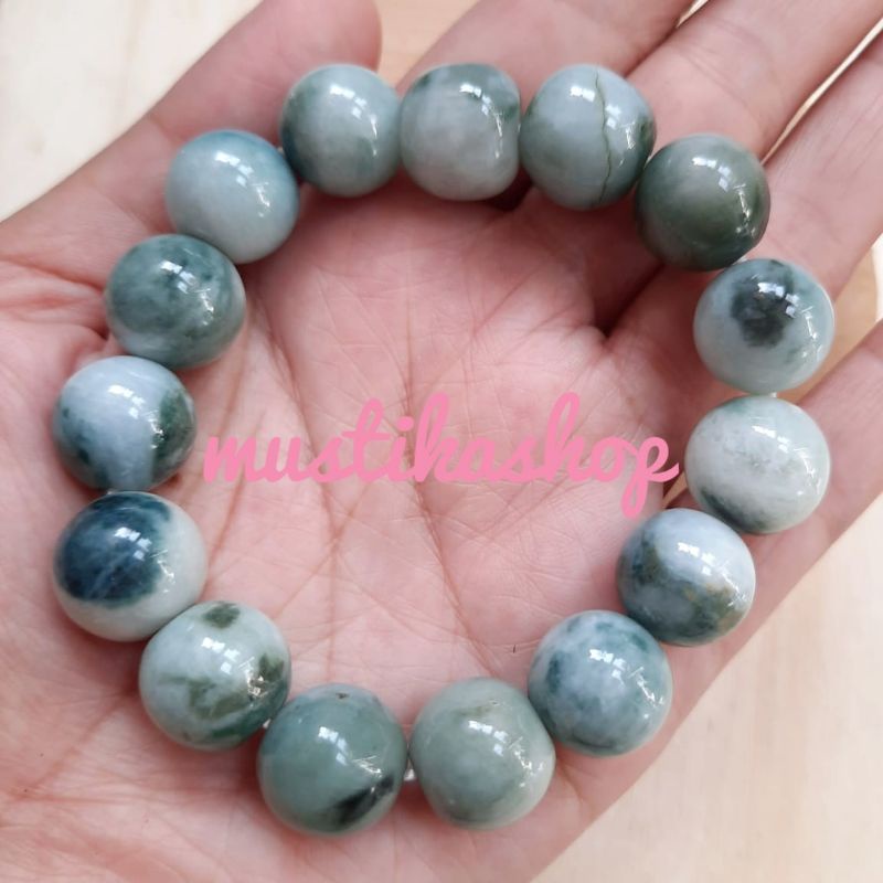 Gelang Batu Giok Asli Fei Cui Burma 12mm Type A Natural Jaddeite Jade
