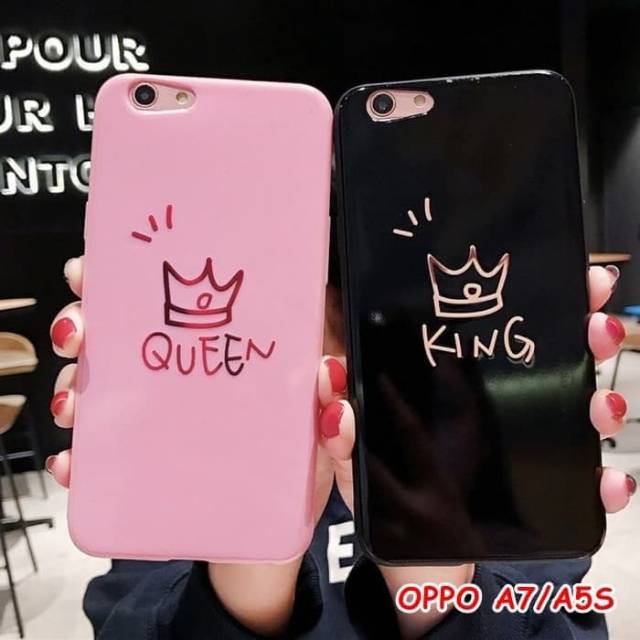 Soft case oppo A7/A5S bahan silikon karakter King Queen Couple Pink And Black