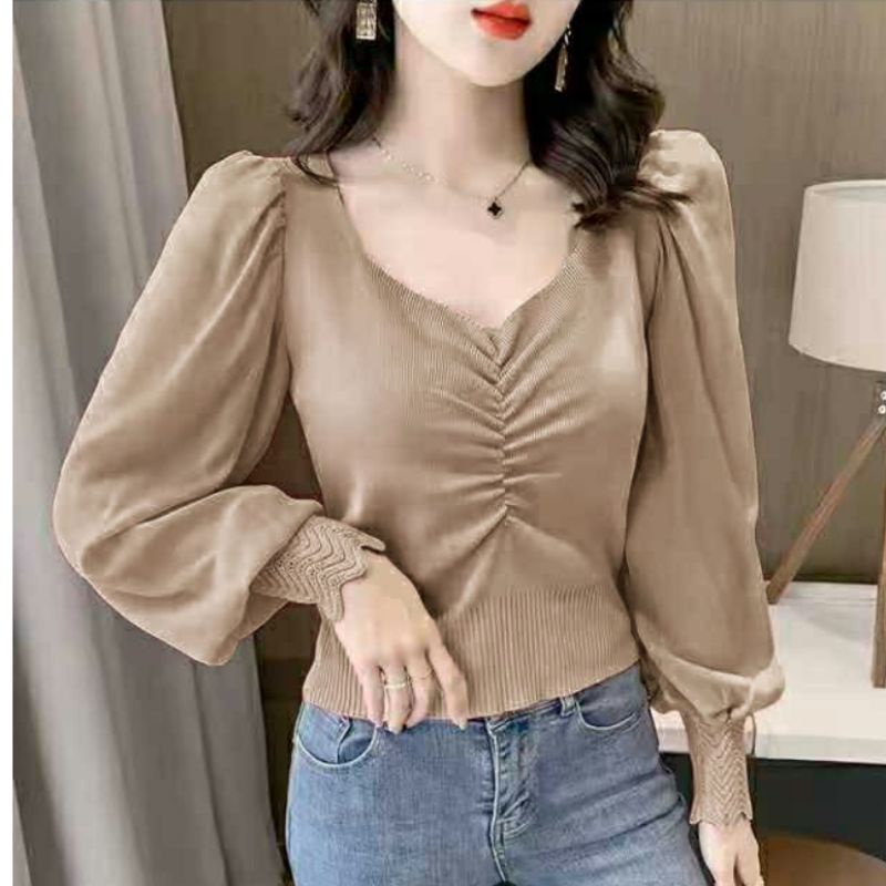 MDLV ~ 3546 Maggie Knit Top Women Knit Blouse Premium Blouse Import Atasan Rajut Lengan Panjang Fashion Import