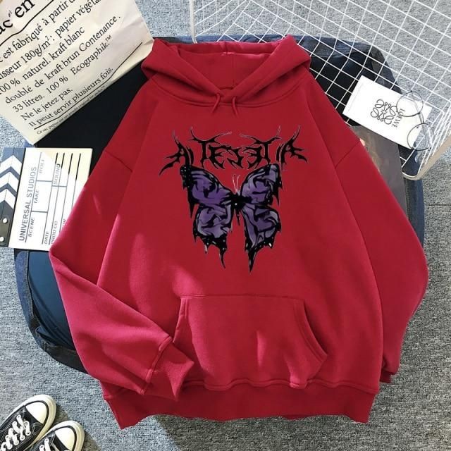 HOODIE CASUAL UNISEX AESTHETIC ART BUTTERFLY FLEECE TEBAL MURAH TERBARU'