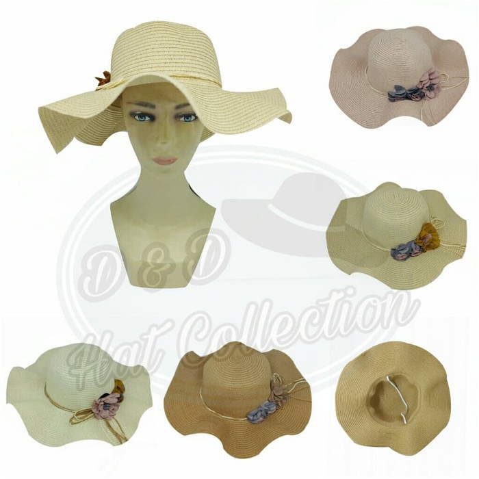 Topi Pantai Gelombang Import Pita Bunga Sifon Topi Fashion Wanita