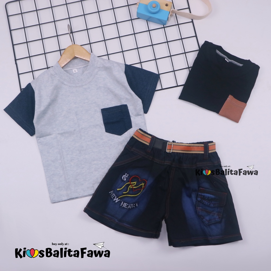 Setelan John Ethes uk Bayi-6 Tahun / Baju Anak Laki-Laki Lengan Pendek Celana Jeans Set Oblong Kantong