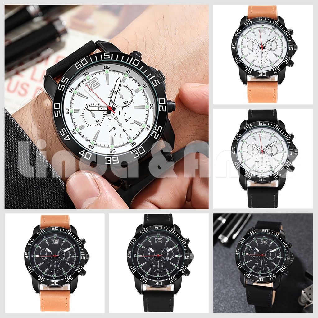 Jam Tangan Analog Pria Strap PU Leather / Jam Tangan Pria Three Eyes Analog Quartz Fashion