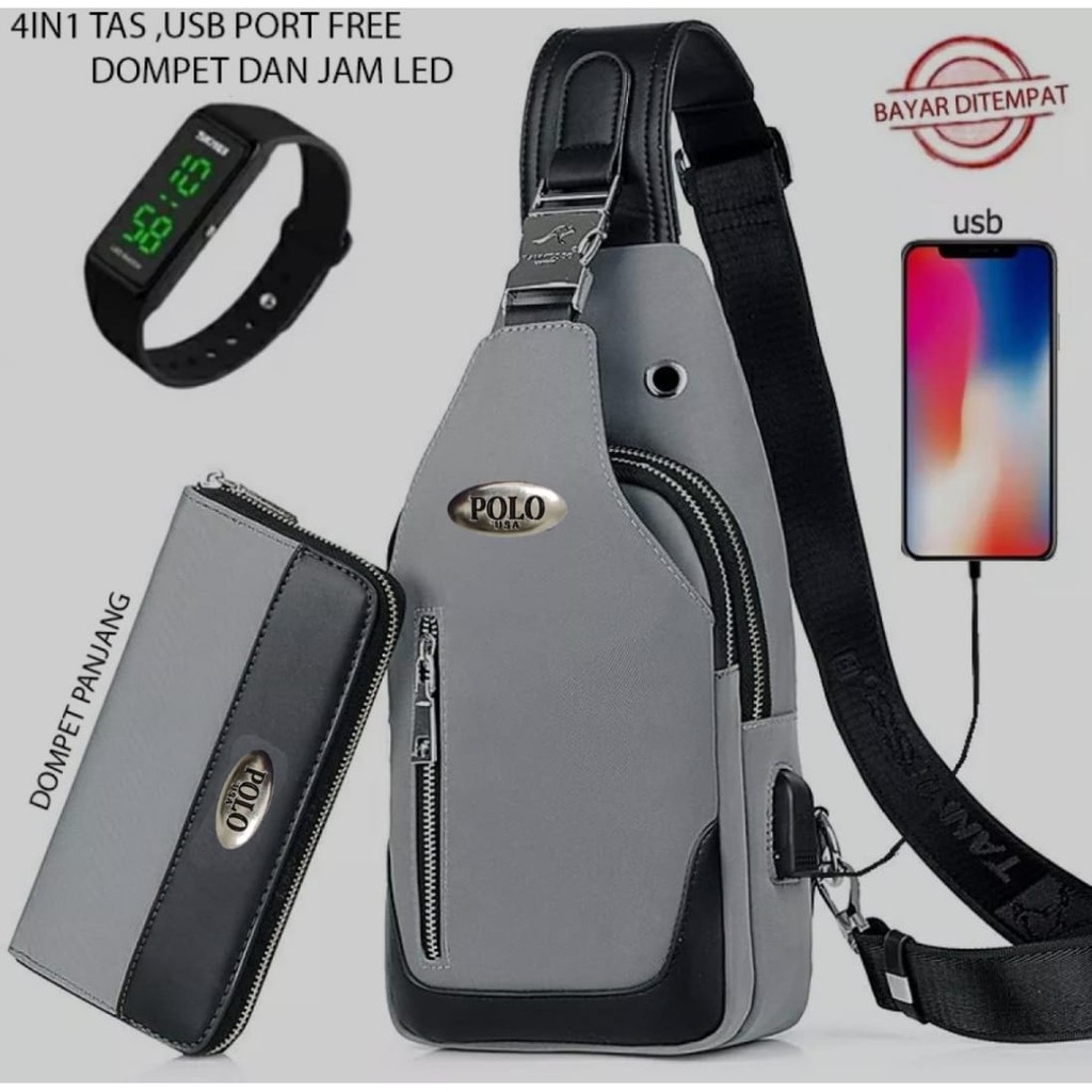 Tas Selempang Pria Waterproof 4in1 BONUS Jam, Dompet &amp; USB Port