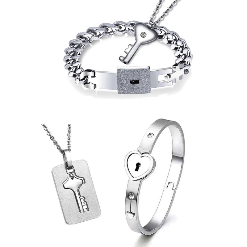 SIY  Titanium Puzzle Couple Heart Lock Key Couple Bracelet Necklace Lover Jewelry Set