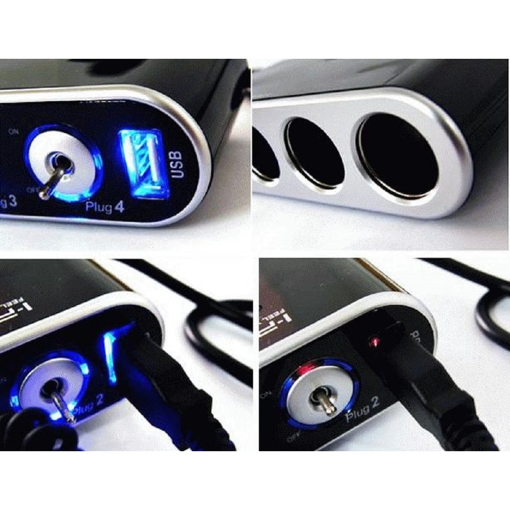 Socket Lighter mobil, cabang 4 in 1 + USB dengan on off untuk semua merk dan type mobil 12V