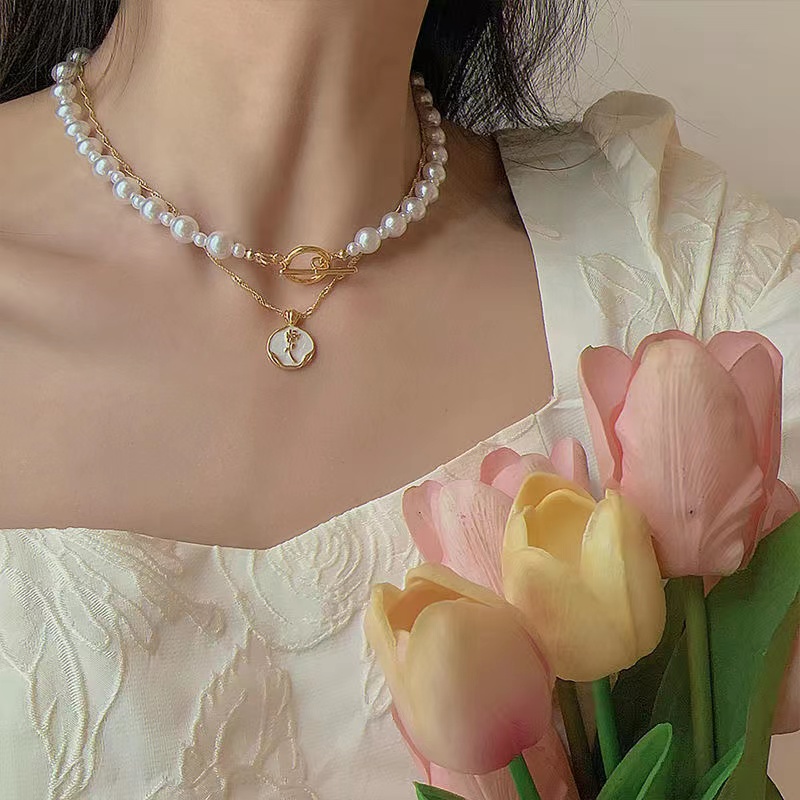 IFYOU Kalung Choker Mutiara Ganda Bentuk Bunga Mawar Gaya Vintage Untuk Wanita