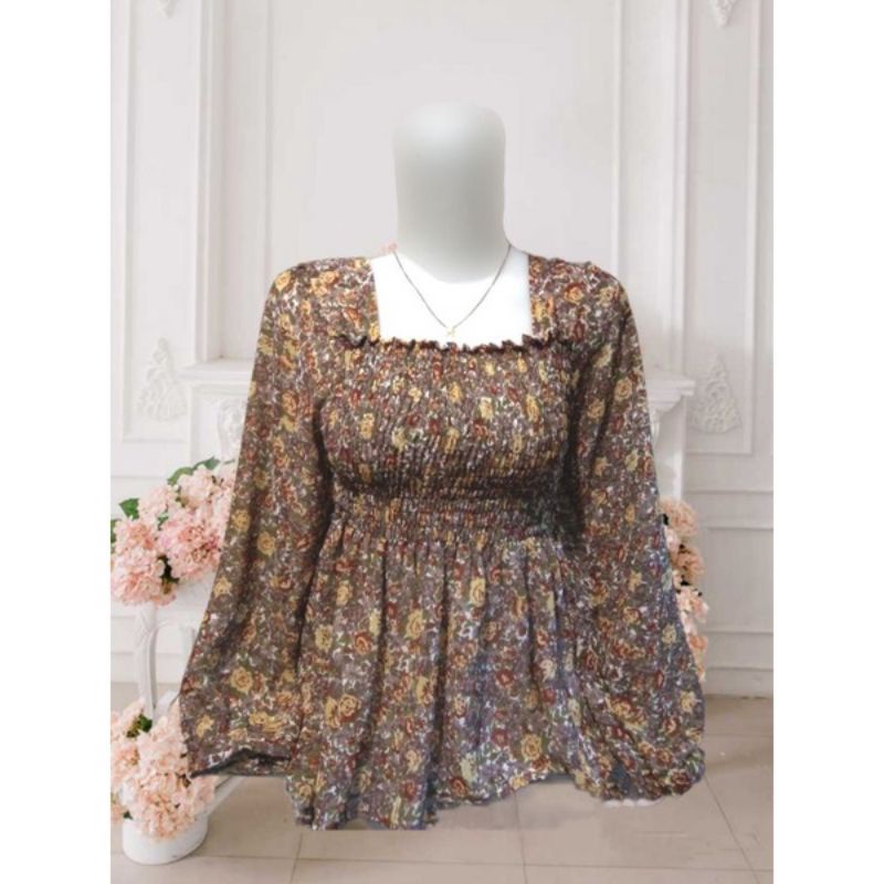 Atasan Smoke  Import Blouse Bunga Kerut Dada Sakila Import