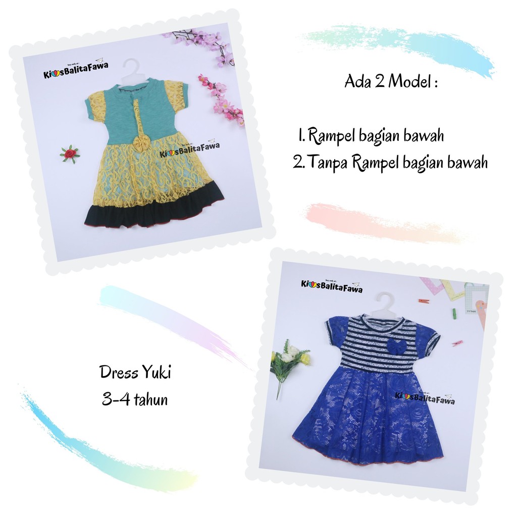 Dress Yuki uk 3-4 Tahun / Dres Lengan Anak Perempuan Import Brukat Baju Gaun Pesta Adem Murah