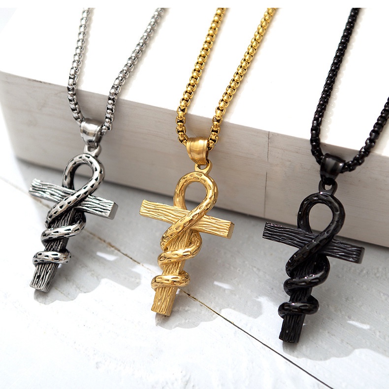 Titanium steel men's necklace fashion personality gothic exaggerated snake-wrapped cross pendant