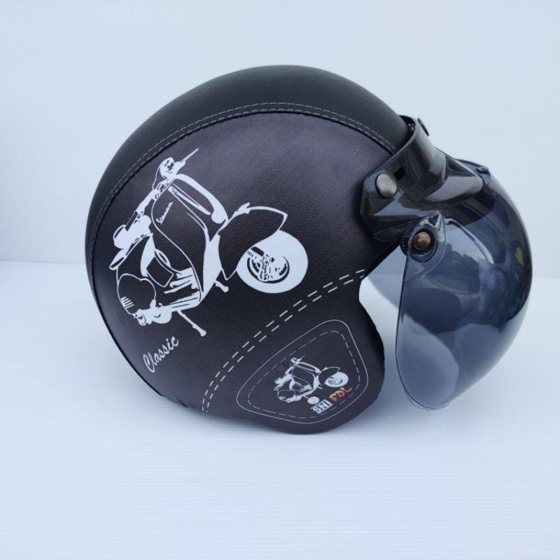 HELM BOGO DEWASA RETRO KULIT SNI DEWASA FULL MOTIF VESPA HITAM kaca CEMBUNG MURAH - FREE PACKING