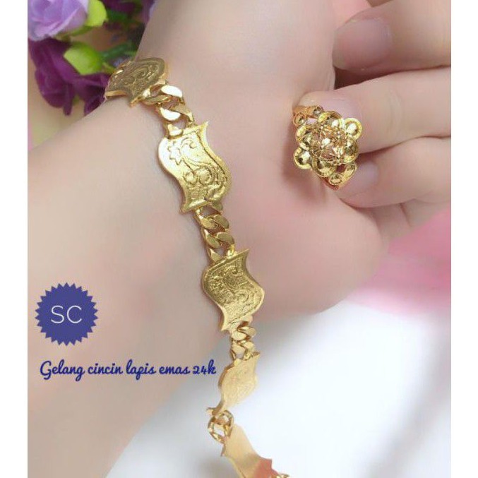(MEI) Set Perhiasan Lapis Emas 24 Karat Xuping Gelang Rantai Cincin Mewah Gold Modis Titanium Asli