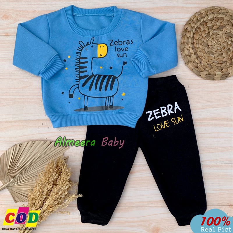 Setelan Sweater Bayi Setelan Joger Bayi Bahan Pleece Motif Zebra Usia 3-12 Bulan