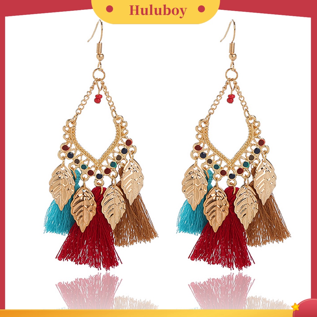 Hu Hu Hu Hu Hu Alat Bantu Pasang Kacamata♡ 1 Pasang Anting Kait Gantung Desain Daun Rumbai Gaya Vintage Tahan Lama Untuk Wanita