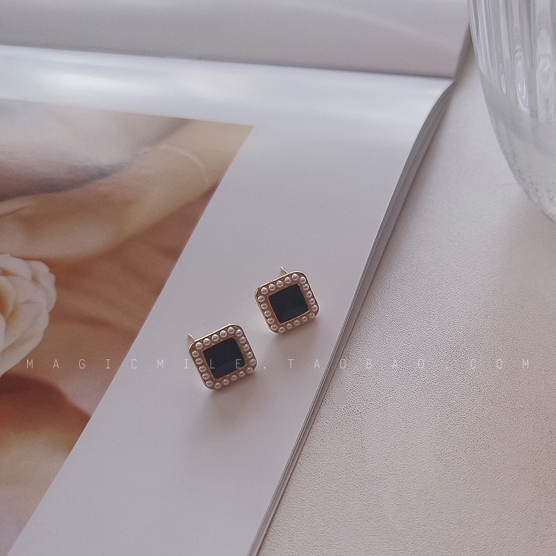 Kotak hitam mutiara stud anting-anting untuk Wanita 2020 baru trendi dingin Mori retro sederhana ang