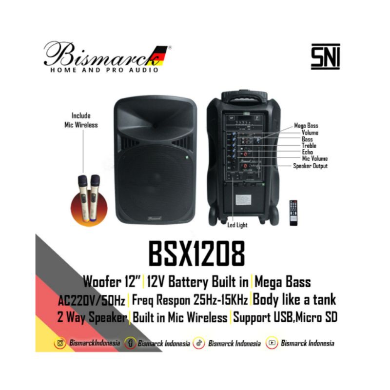 Speaker portabel Bismarck BSX1208, Speaker meeting wireless 12 inch, 2 mic . usb, bluetooth.