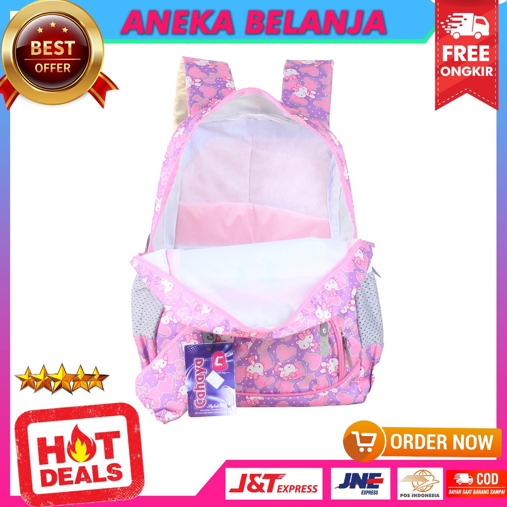 PROMO HARGA 61.999 Tas Sekolah Anak Perempuan Motif Cahaya Hello Kitty Pink Ungu Terbaru Ransel Anak Cewek TK SD SMP Stylish Free Raincover Dan Free Tempat Pensil Murah Kekinian Tas Gendong Anak Fashionable Ngaji LES TPQ  Bahan Tebal Kuat Berkualitas