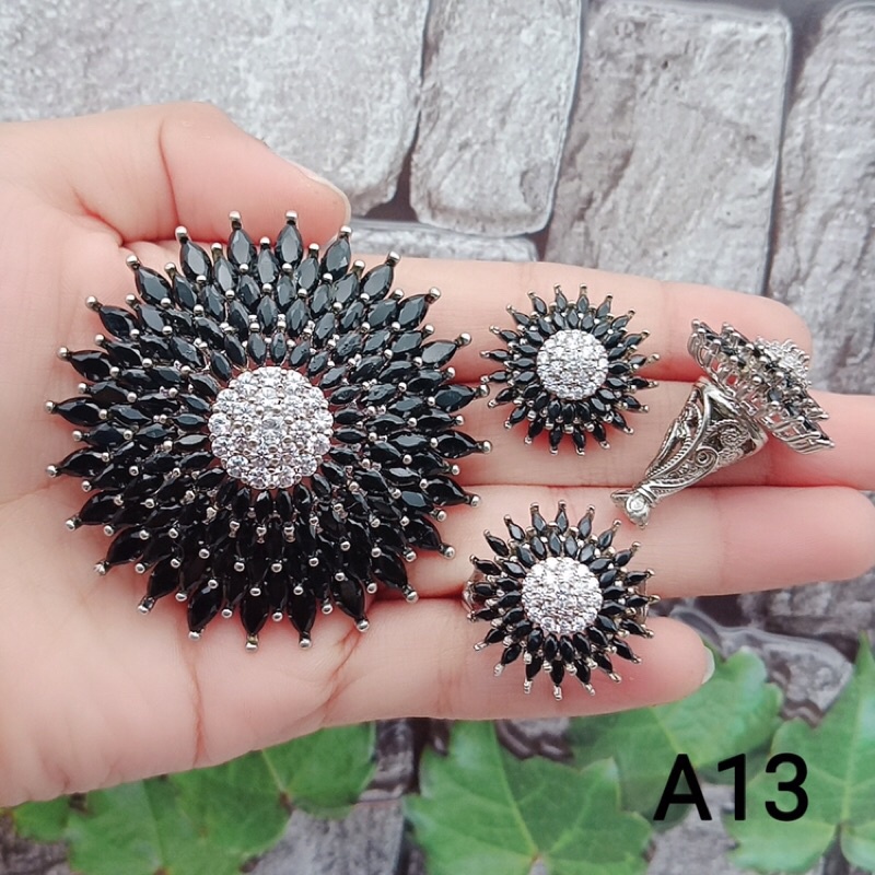 Set Bros padi Borobudur permata zirkon silver