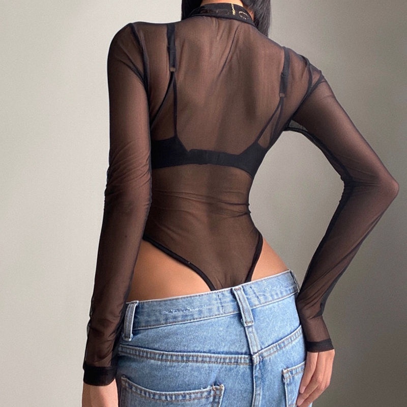 Impor SUCCUTE Gaya Eropa dan Amerika Seksi Setengah Ritsleting Mesh Lengan Panjang Jumpsuit Wanita T